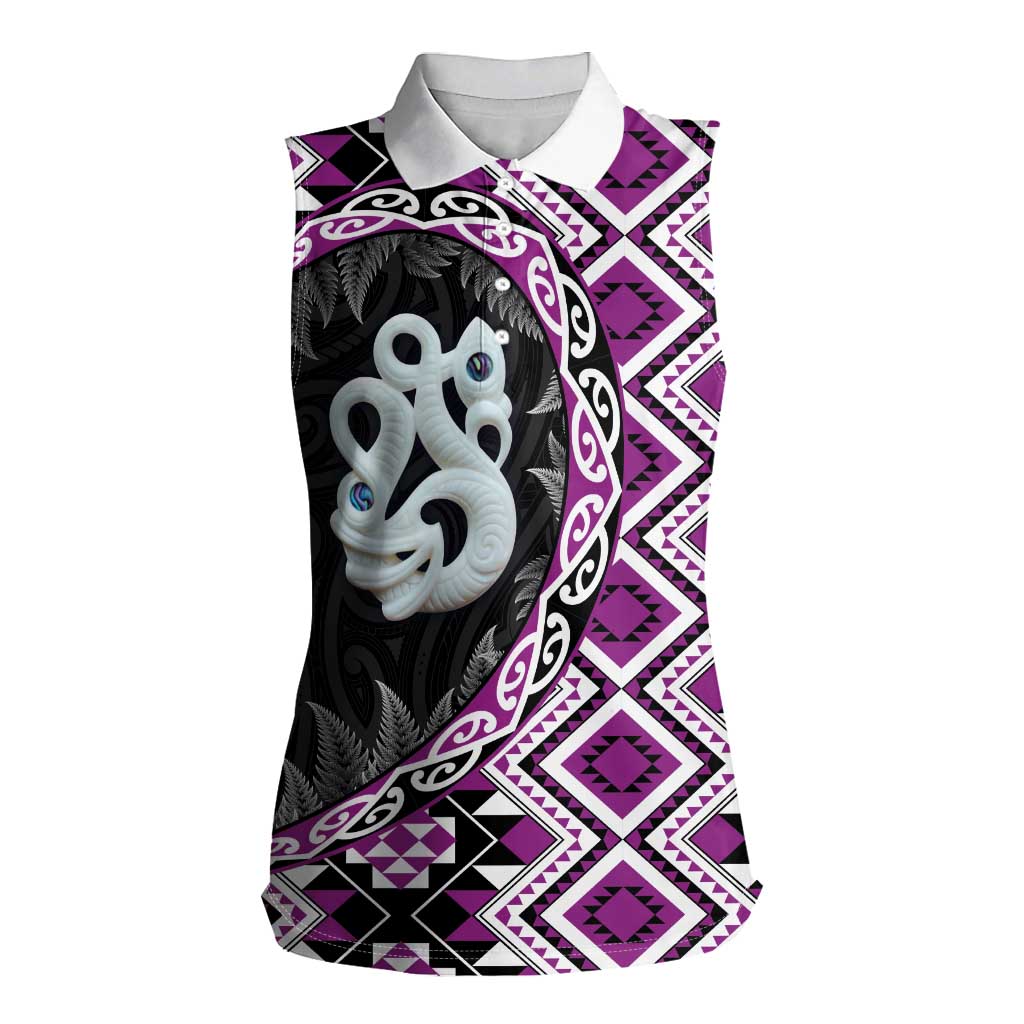Purple Taniko Motif Aotearoa Manaia and Silver Fern Women Sleeveless Polo Shirt LT03 Female Purple - Polynesian Pride