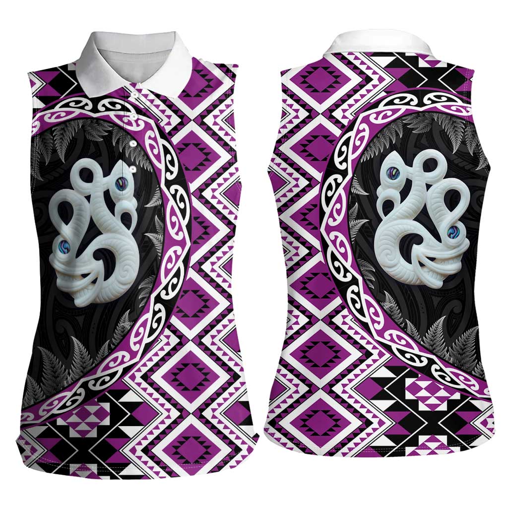 Purple Taniko Motif Aotearoa Manaia and Silver Fern Women Sleeveless Polo Shirt LT03 - Polynesian Pride