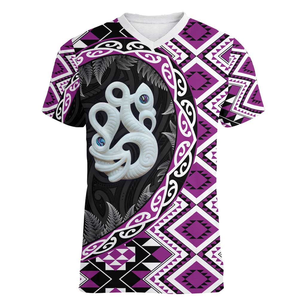 Purple Taniko Motif Aotearoa Manaia and Silver Fern Women V-Neck T-Shirt LT03 Female Purple - Polynesian Pride