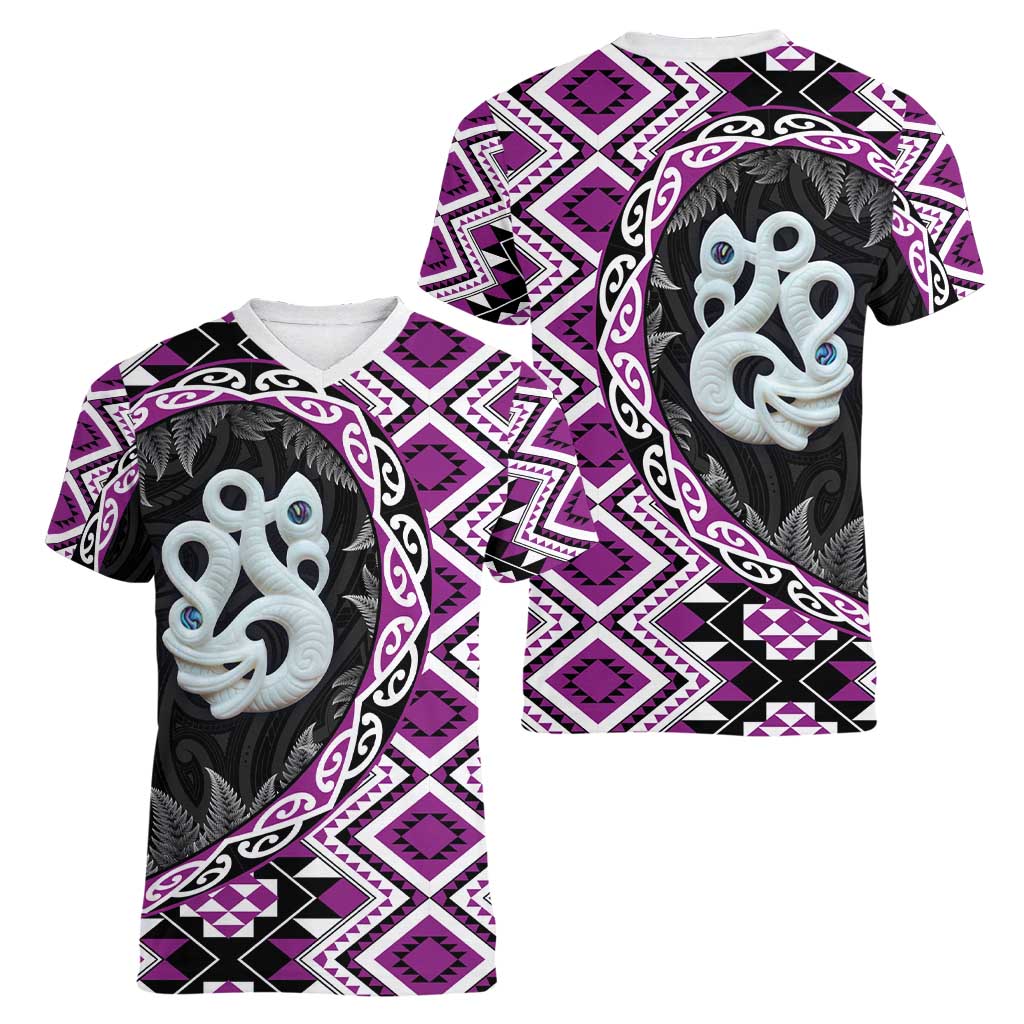 Purple Taniko Motif Aotearoa Manaia and Silver Fern Women V-Neck T-Shirt LT03 - Polynesian Pride