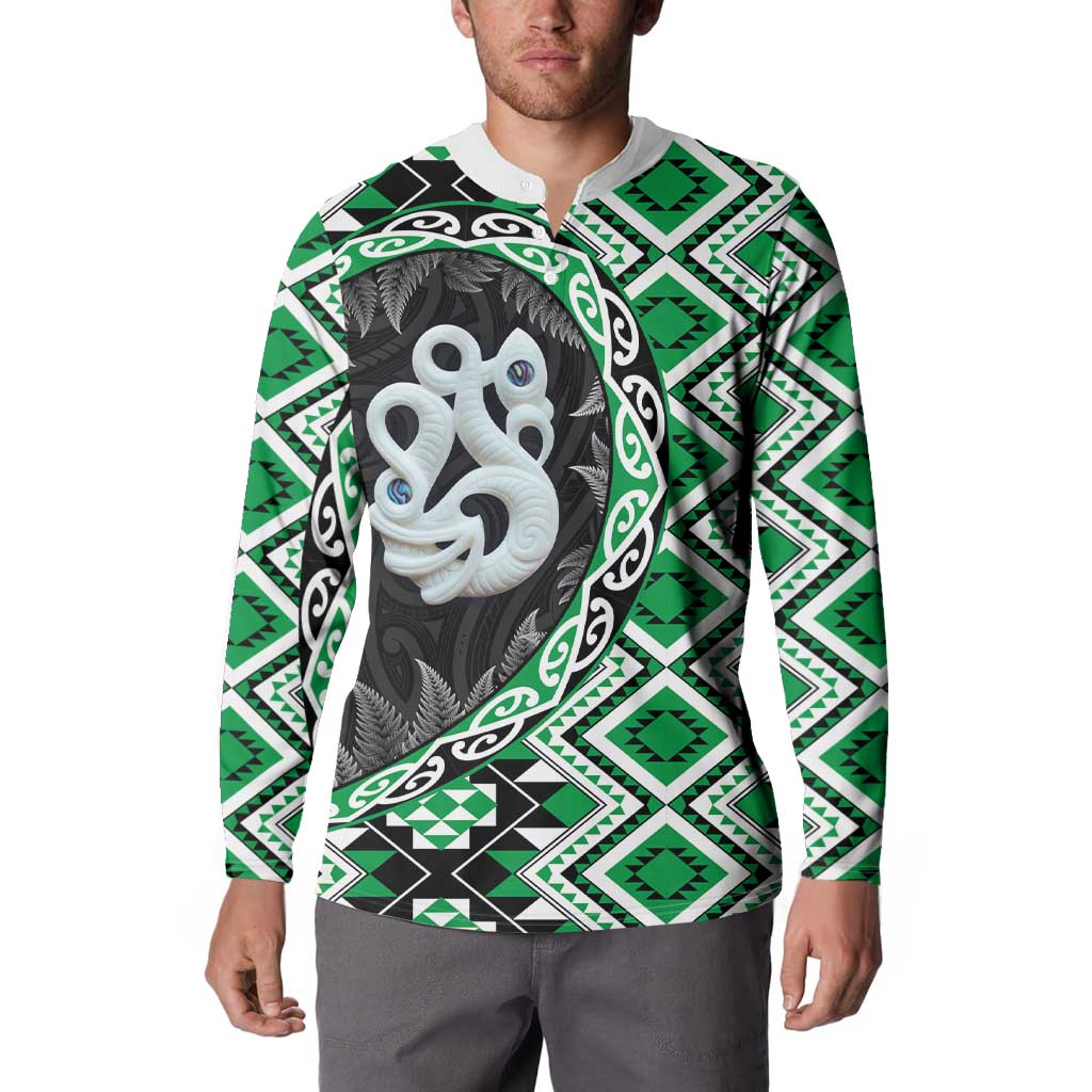 Green Taniko Motif Aotearoa Manaia and Silver Fern Button Sweatshirt LT03 - Polynesian Pride