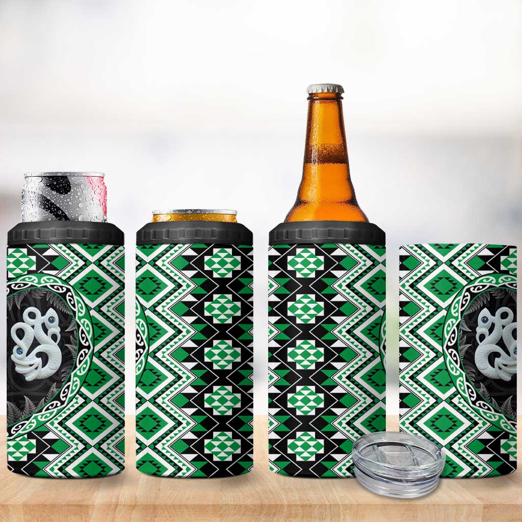 Green Taniko Motif Aotearoa Manaia and Silver Fern 4 in 1 Can Cooler Tumbler LT03 - Polynesian Pride