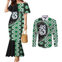 Green Taniko Motif Aotearoa Manaia and Silver Fern Couples Matching Mermaid Dress and Long Sleeve Button Shirt LT03 Green - Polynesian Pride