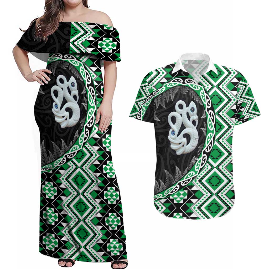 Green Taniko Motif Aotearoa Manaia and Silver Fern Couples Matching Off Shoulder Maxi Dress and Hawaiian Shirt LT03 Green - Polynesian Pride