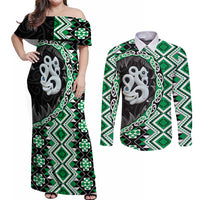 Green Taniko Motif Aotearoa Manaia and Silver Fern Couples Matching Off Shoulder Maxi Dress and Long Sleeve Button Shirt LT03 Green - Polynesian Pride