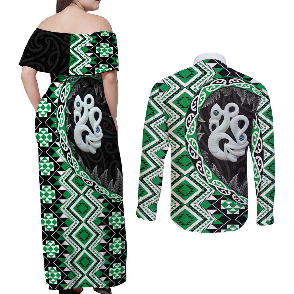 Green Taniko Motif Aotearoa Manaia and Silver Fern Couples Matching Off Shoulder Maxi Dress and Long Sleeve Button Shirt LT03 - Polynesian Pride
