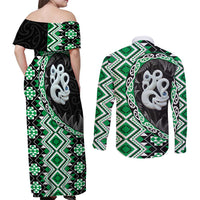 Green Taniko Motif Aotearoa Manaia and Silver Fern Couples Matching Off Shoulder Maxi Dress and Long Sleeve Button Shirt LT03 - Polynesian Pride