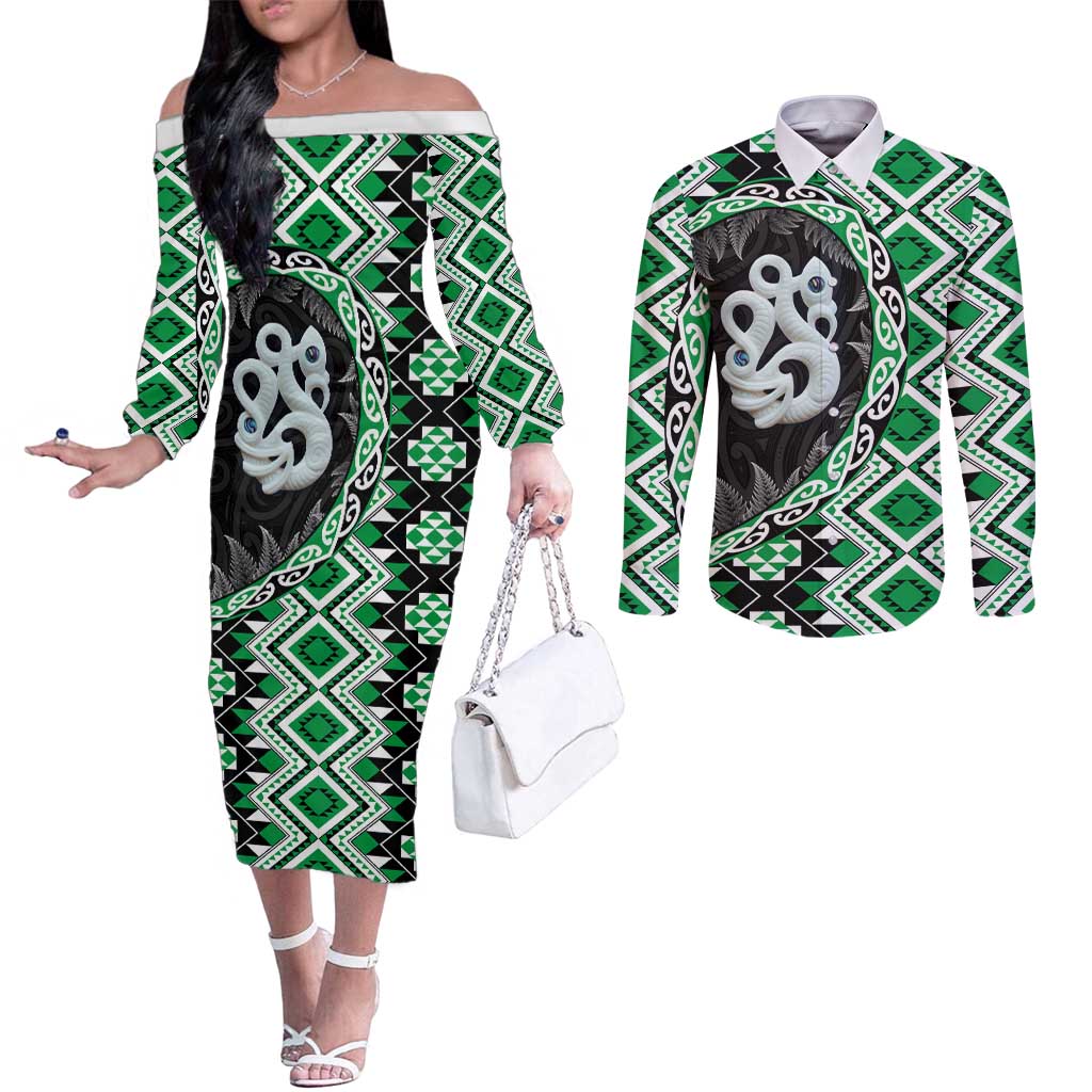 Green Taniko Motif Aotearoa Manaia and Silver Fern Couples Matching Off The Shoulder Long Sleeve Dress and Long Sleeve Button Shirt LT03 Green - Polynesian Pride