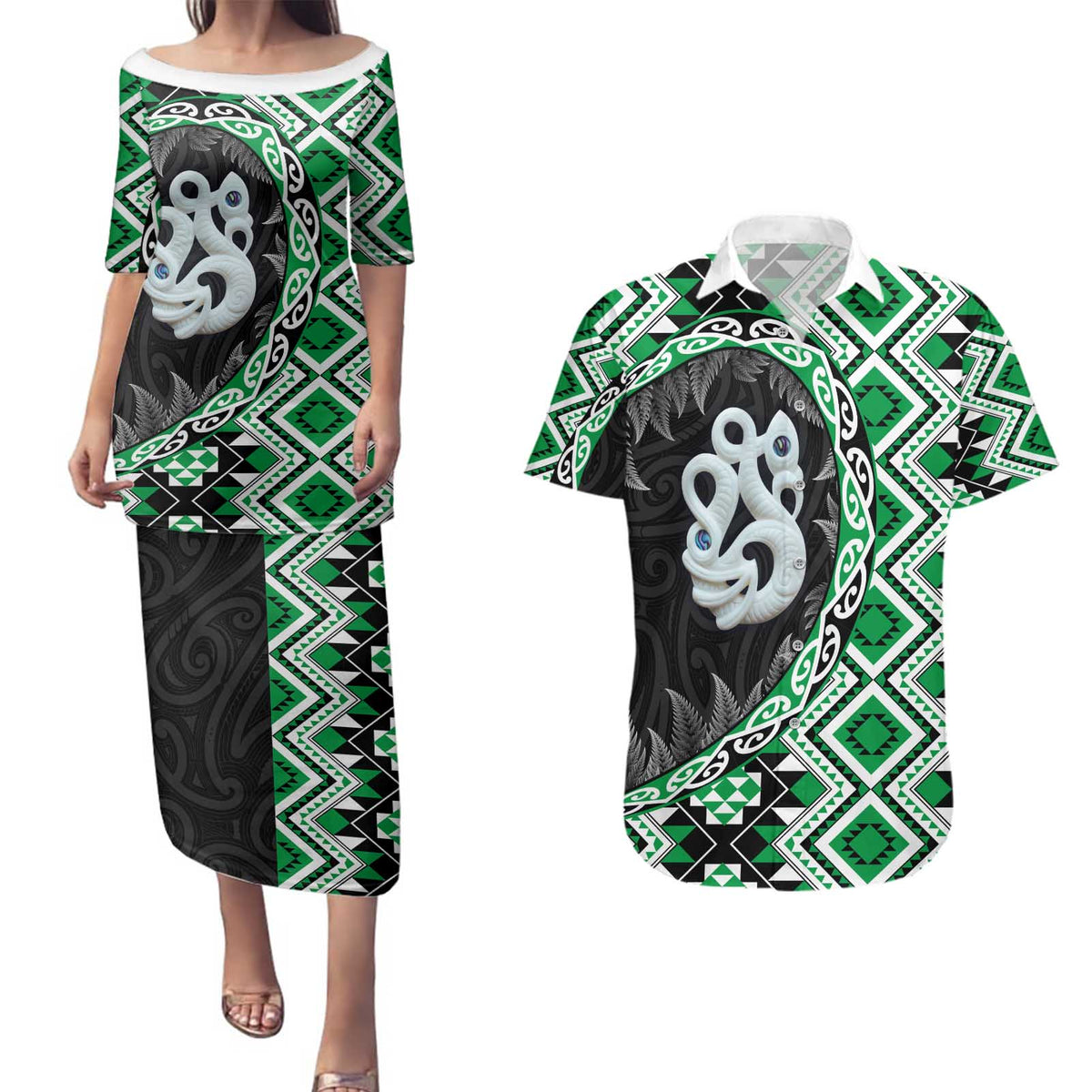 Green Taniko Motif Aotearoa Manaia and Silver Fern Couples Matching Puletasi and Hawaiian Shirt LT03 Green - Polynesian Pride