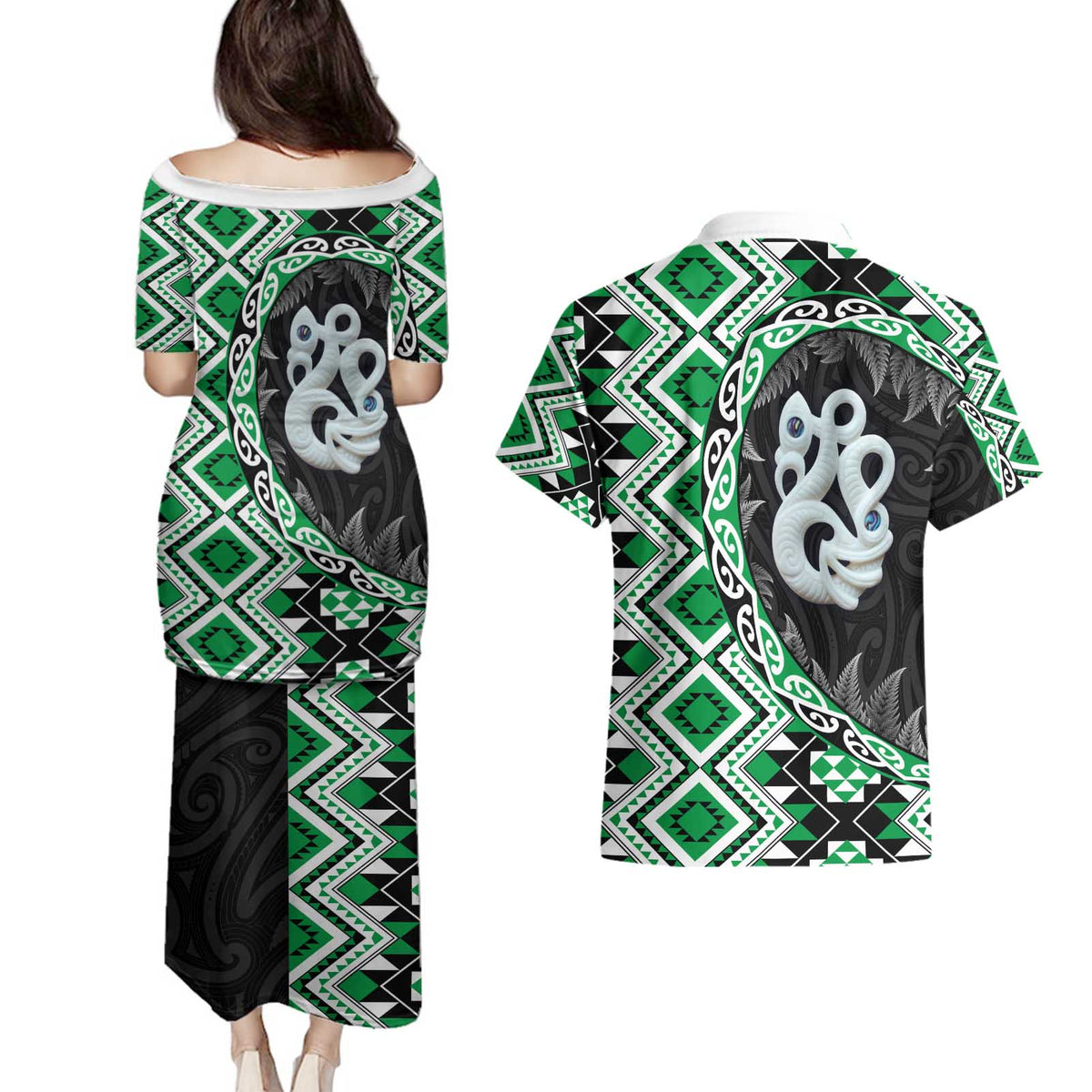 Green Taniko Motif Aotearoa Manaia and Silver Fern Couples Matching Puletasi and Hawaiian Shirt LT03 - Polynesian Pride