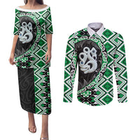 Green Taniko Motif Aotearoa Manaia and Silver Fern Couples Matching Puletasi and Long Sleeve Button Shirt LT03 Green - Polynesian Pride