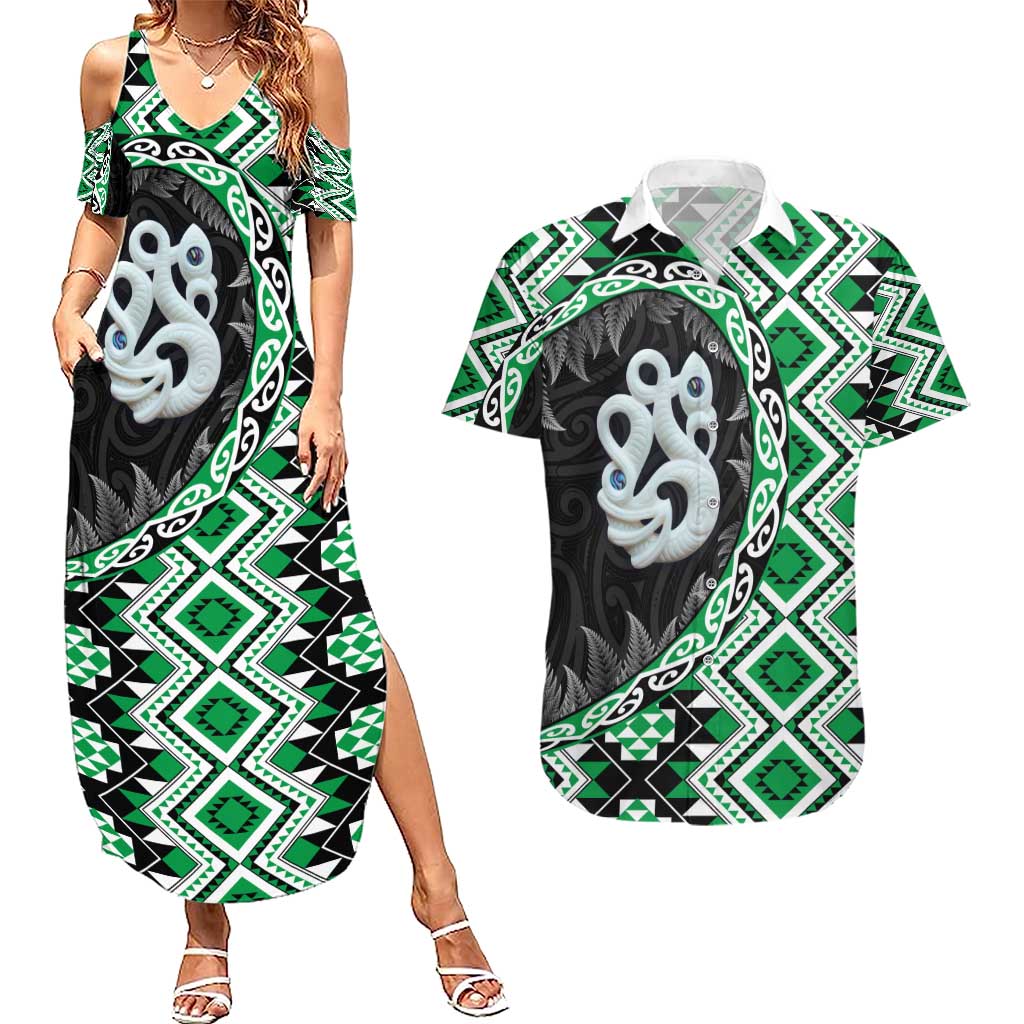 Green Taniko Motif Aotearoa Manaia and Silver Fern Couples Matching Summer Maxi Dress and Hawaiian Shirt LT03 Green - Polynesian Pride