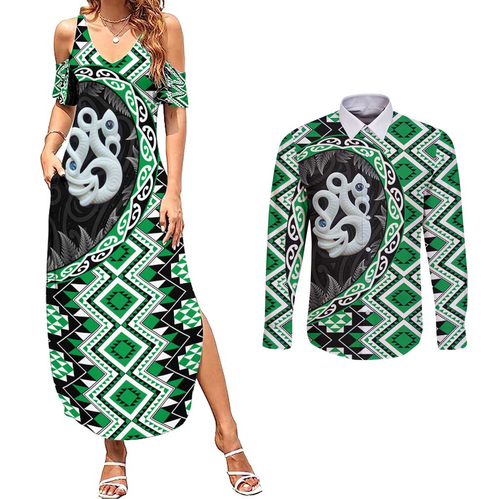 Green Taniko Motif Aotearoa Manaia and Silver Fern Couples Matching Summer Maxi Dress and Long Sleeve Button Shirt LT03 Green - Polynesian Pride