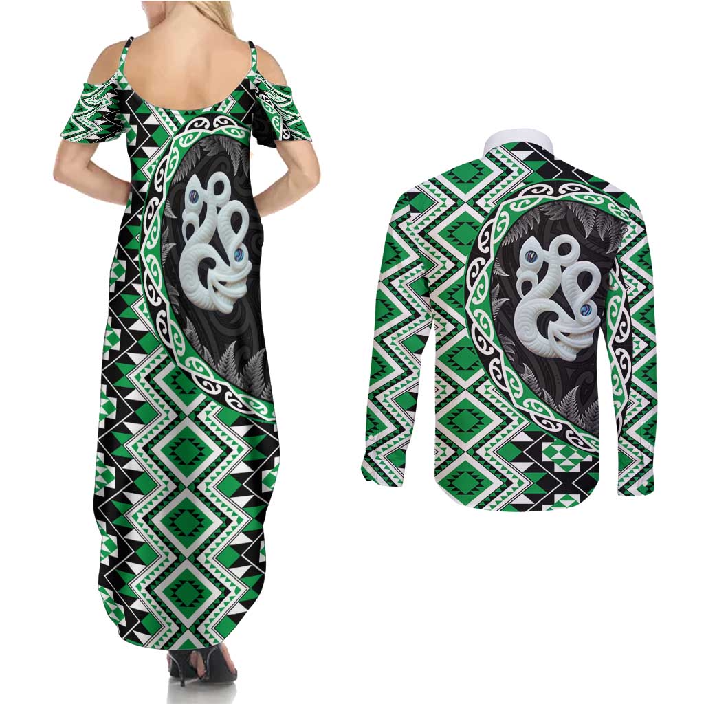 Green Taniko Motif Aotearoa Manaia and Silver Fern Couples Matching Summer Maxi Dress and Long Sleeve Button Shirt LT03 - Polynesian Pride