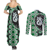 Green Taniko Motif Aotearoa Manaia and Silver Fern Couples Matching Summer Maxi Dress and Long Sleeve Button Shirt LT03 - Polynesian Pride