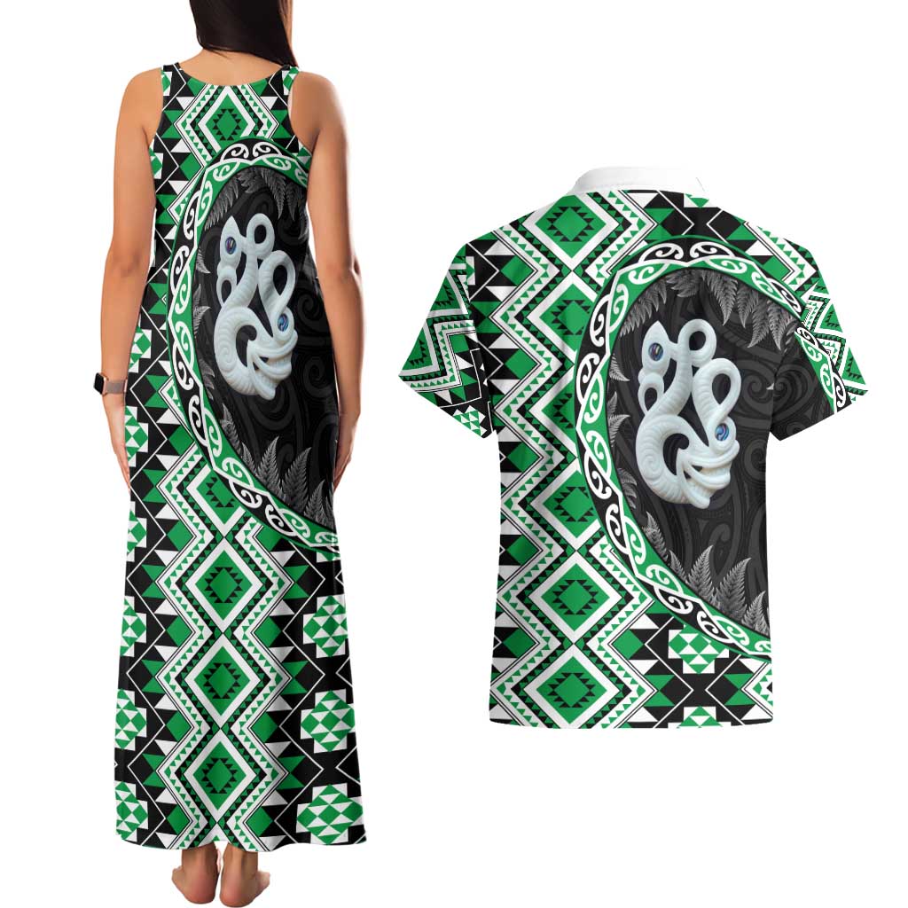 Green Taniko Motif Aotearoa Manaia and Silver Fern Couples Matching Tank Maxi Dress and Hawaiian Shirt LT03 - Polynesian Pride