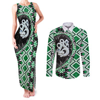 Green Taniko Motif Aotearoa Manaia and Silver Fern Couples Matching Tank Maxi Dress and Long Sleeve Button Shirt LT03 Green - Polynesian Pride