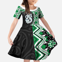 Green Taniko Motif Aotearoa Manaia and Silver Fern Family Matching Long Sleeve Bodycon Dress and Hawaiian Shirt LT03 Daughter's Dress Green - Polynesian Pride