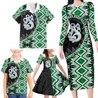 Green Taniko Motif Aotearoa Manaia and Silver Fern Family Matching Long Sleeve Bodycon Dress and Hawaiian Shirt LT03 - Polynesian Pride