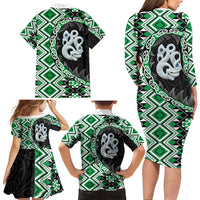 Green Taniko Motif Aotearoa Manaia and Silver Fern Family Matching Long Sleeve Bodycon Dress and Hawaiian Shirt LT03 - Polynesian Pride