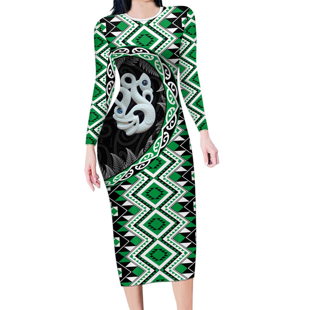 Green Taniko Motif Aotearoa Manaia and Silver Fern Family Matching Long Sleeve Bodycon Dress and Hawaiian Shirt LT03 Mom's Dress Green - Polynesian Pride