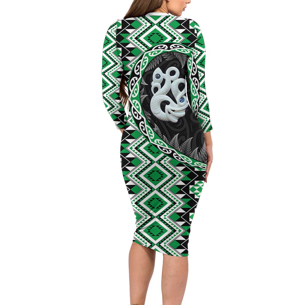 Green Taniko Motif Aotearoa Manaia and Silver Fern Family Matching Long Sleeve Bodycon Dress and Hawaiian Shirt LT03 - Polynesian Pride