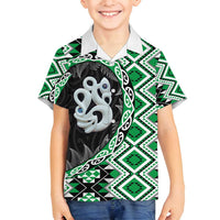 Green Taniko Motif Aotearoa Manaia and Silver Fern Family Matching Long Sleeve Bodycon Dress and Hawaiian Shirt LT03 Son's Shirt Green - Polynesian Pride