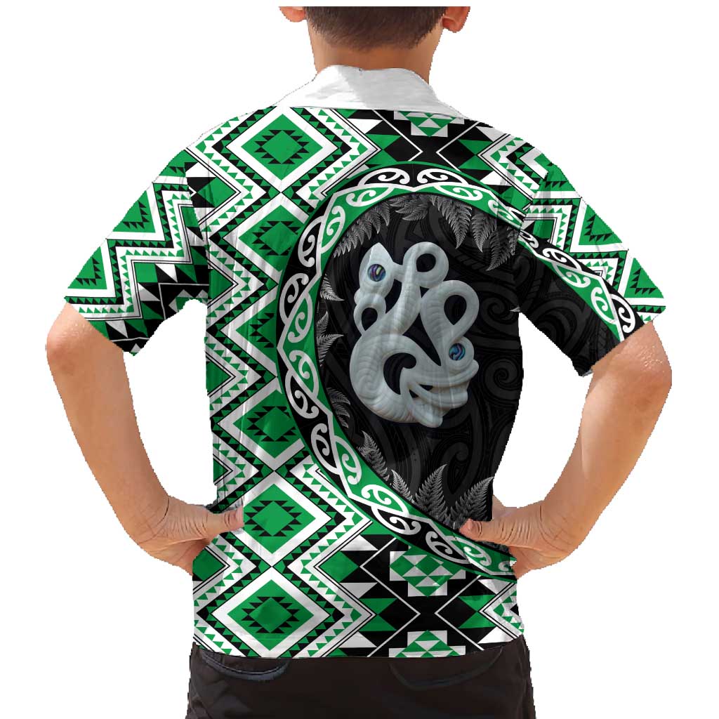 Green Taniko Motif Aotearoa Manaia and Silver Fern Family Matching Mermaid Dress and Hawaiian Shirt LT03 - Polynesian Pride