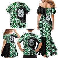 Green Taniko Motif Aotearoa Manaia and Silver Fern Family Matching Mermaid Dress and Hawaiian Shirt LT03 - Polynesian Pride