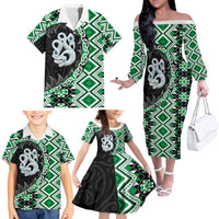 Green Taniko Motif Aotearoa Manaia and Silver Fern Family Matching Off The Shoulder Long Sleeve Dress and Hawaiian Shirt LT03 - Polynesian Pride