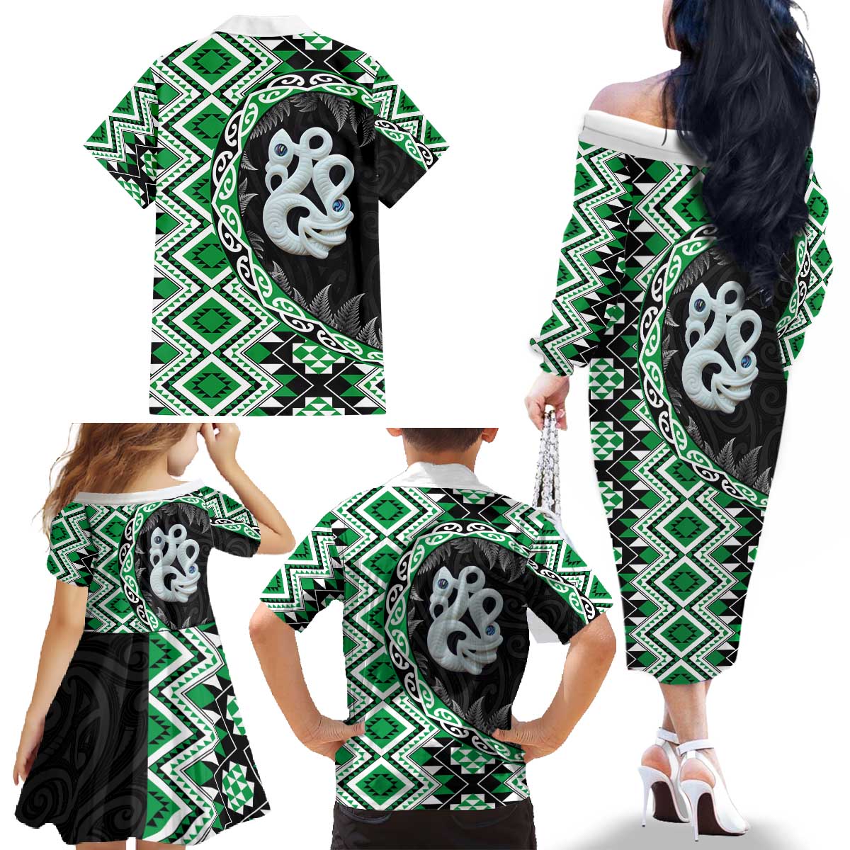 Green Taniko Motif Aotearoa Manaia and Silver Fern Family Matching Off The Shoulder Long Sleeve Dress and Hawaiian Shirt LT03 - Polynesian Pride