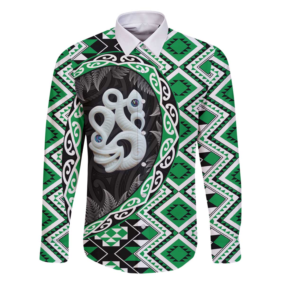 Green Taniko Motif Aotearoa Manaia and Silver Fern Family Matching Off The Shoulder Long Sleeve Dress and Hawaiian Shirt LT03 Dad's Shirt - Long Sleeve Green - Polynesian Pride
