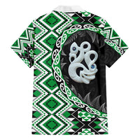 Green Taniko Motif Aotearoa Manaia and Silver Fern Family Matching Off Shoulder Maxi Dress and Hawaiian Shirt LT03 - Polynesian Pride