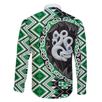 Green Taniko Motif Aotearoa Manaia and Silver Fern Family Matching Off Shoulder Maxi Dress and Hawaiian Shirt LT03 - Polynesian Pride