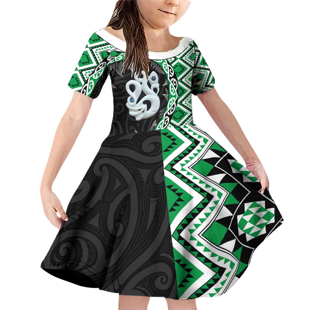 Green Taniko Motif Aotearoa Manaia and Silver Fern Family Matching Off Shoulder Short Dress and Hawaiian Shirt LT03 Daughter's Dress Green - Polynesian Pride