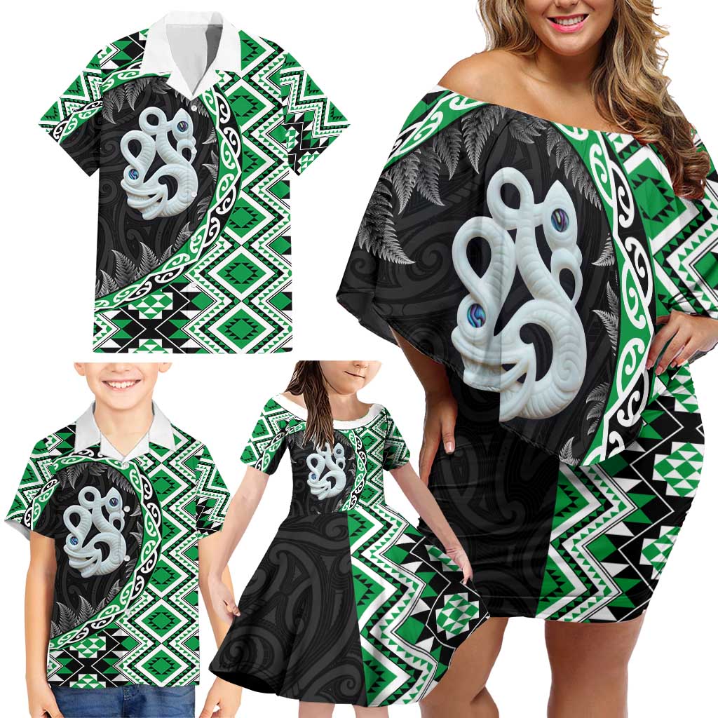 Green Taniko Motif Aotearoa Manaia and Silver Fern Family Matching Off Shoulder Short Dress and Hawaiian Shirt LT03 - Polynesian Pride