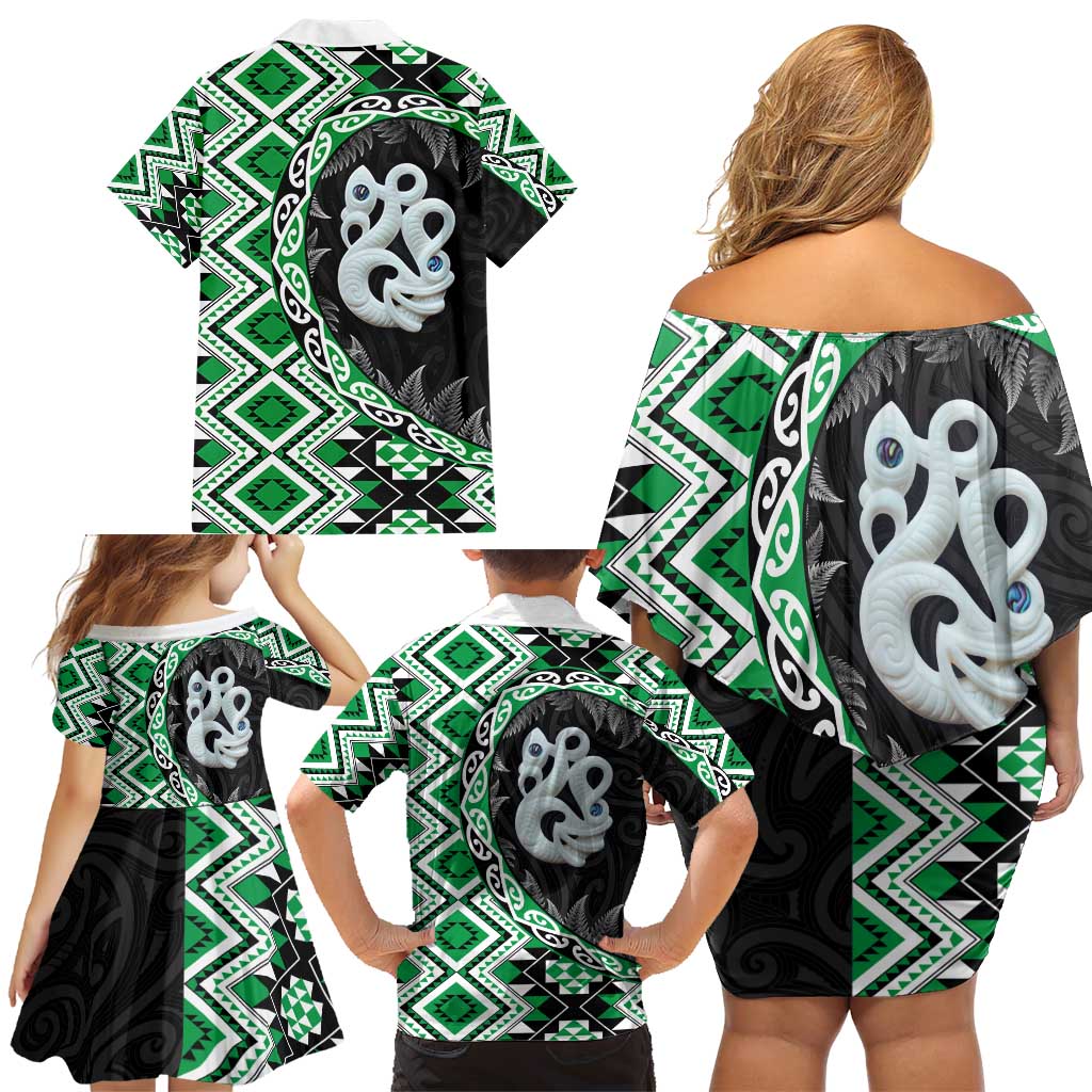 Green Taniko Motif Aotearoa Manaia and Silver Fern Family Matching Off Shoulder Short Dress and Hawaiian Shirt LT03 - Polynesian Pride