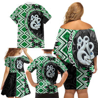 Green Taniko Motif Aotearoa Manaia and Silver Fern Family Matching Off Shoulder Short Dress and Hawaiian Shirt LT03 - Polynesian Pride