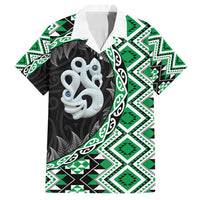 Green Taniko Motif Aotearoa Manaia and Silver Fern Family Matching Off Shoulder Short Dress and Hawaiian Shirt LT03 Dad's Shirt - Short Sleeve Green - Polynesian Pride