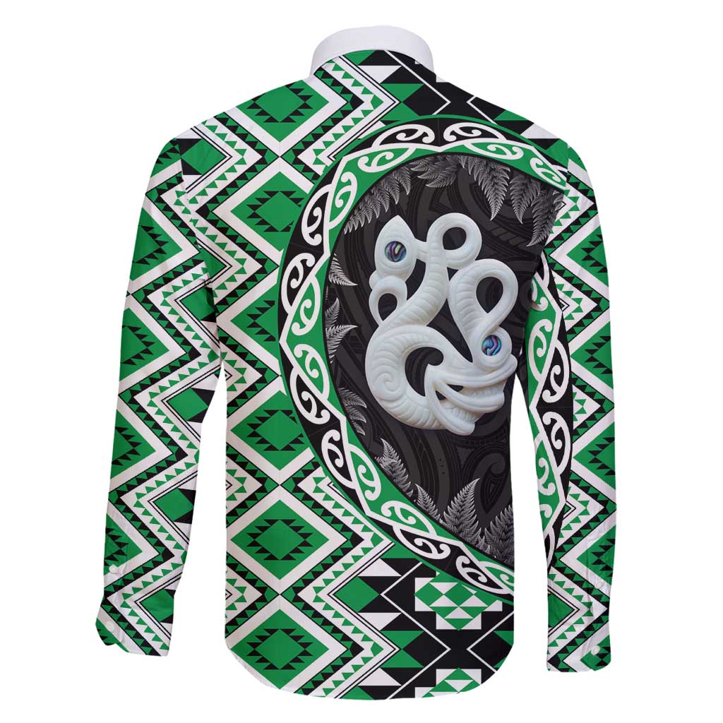 Green Taniko Motif Aotearoa Manaia and Silver Fern Family Matching Off Shoulder Short Dress and Hawaiian Shirt LT03 - Polynesian Pride