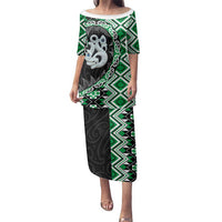 Green Taniko Motif Aotearoa Manaia and Silver Fern Family Matching Puletasi and Hawaiian Shirt LT03 Mom's Dress Green - Polynesian Pride