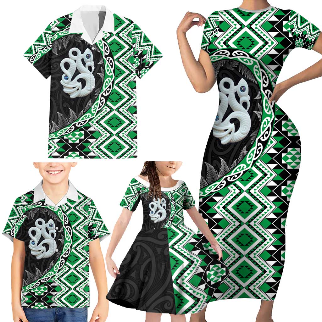 Green Taniko Motif Aotearoa Manaia and Silver Fern Family Matching Short Sleeve Bodycon Dress and Hawaiian Shirt LT03 - Polynesian Pride