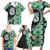 Green Taniko Motif Aotearoa Manaia and Silver Fern Family Matching Short Sleeve Bodycon Dress and Hawaiian Shirt LT03 - Polynesian Pride