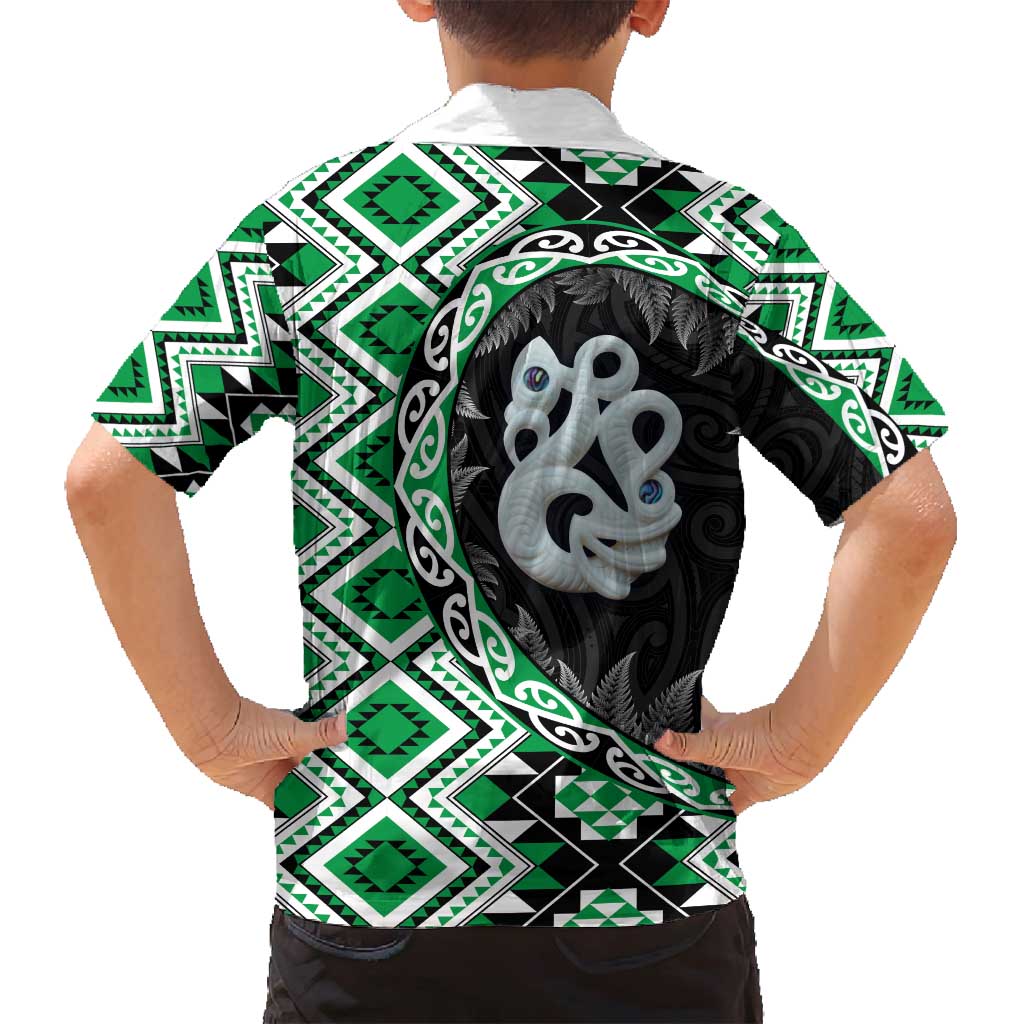 Green Taniko Motif Aotearoa Manaia and Silver Fern Family Matching Summer Maxi Dress and Hawaiian Shirt LT03 - Polynesian Pride