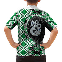 Green Taniko Motif Aotearoa Manaia and Silver Fern Family Matching Summer Maxi Dress and Hawaiian Shirt LT03 - Polynesian Pride