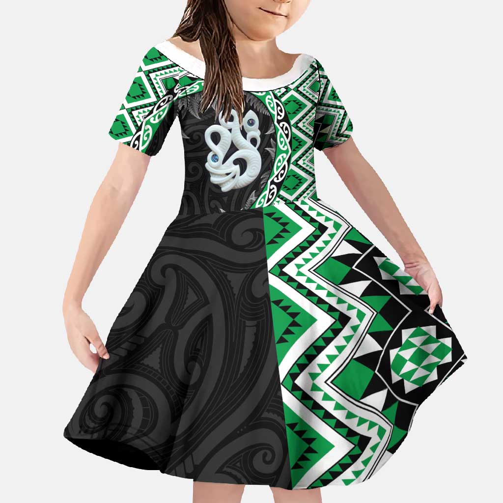 Green Taniko Motif Aotearoa Manaia and Silver Fern Family Matching Summer Maxi Dress and Hawaiian Shirt LT03 Daughter's Dress Green - Polynesian Pride