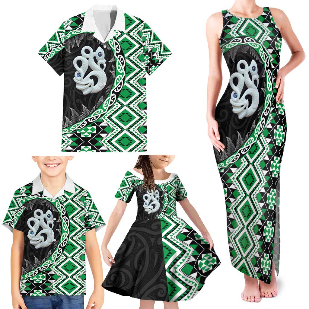 Green Taniko Motif Aotearoa Manaia and Silver Fern Family Matching Tank Maxi Dress and Hawaiian Shirt LT03 - Polynesian Pride