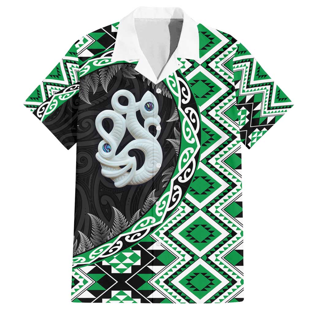 Green Taniko Motif Aotearoa Manaia and Silver Fern Family Matching Tank Maxi Dress and Hawaiian Shirt LT03 Dad's Shirt - Short Sleeve Green - Polynesian Pride