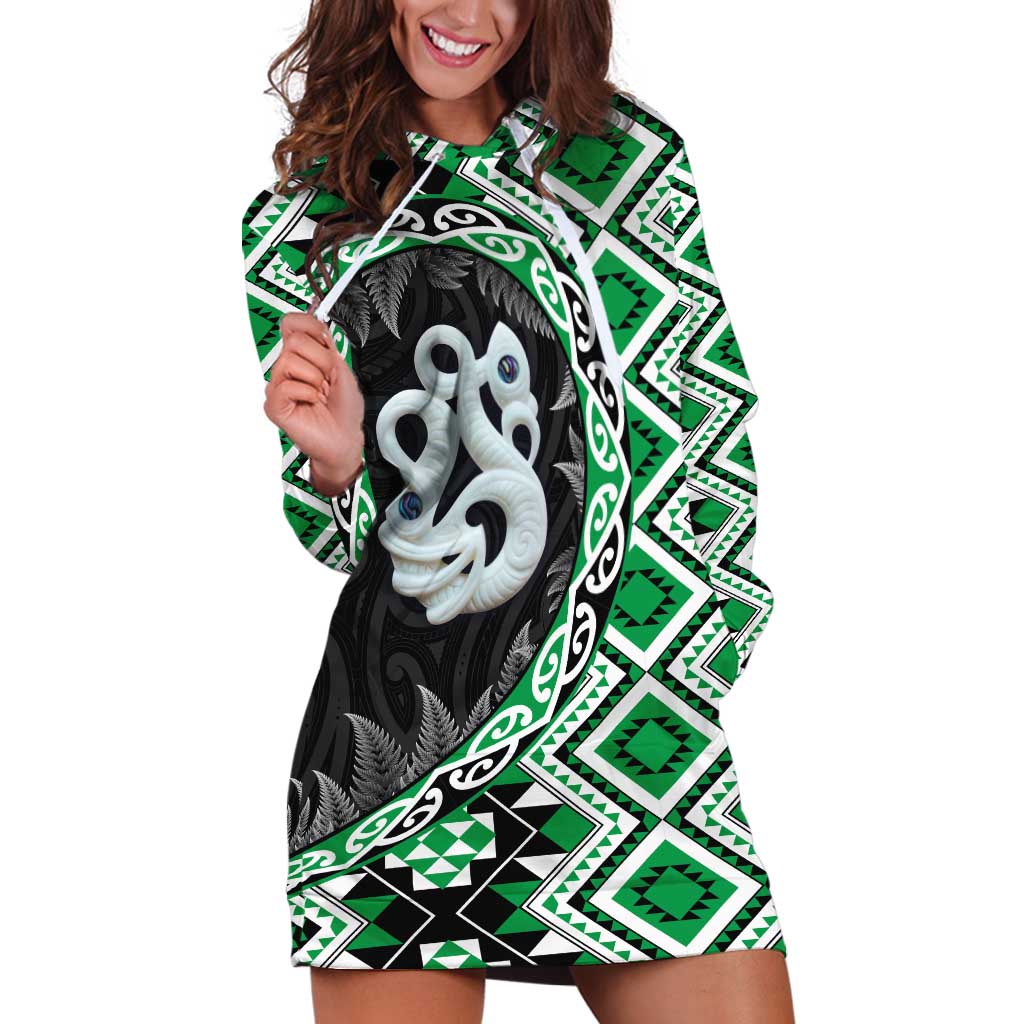 Green Taniko Motif Aotearoa Manaia and Silver Fern Hoodie Dress LT03 Green - Polynesian Pride