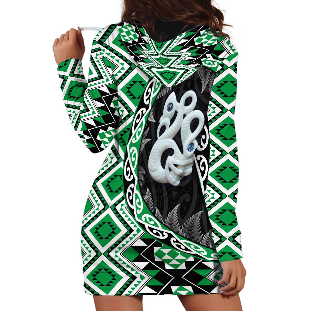Green Taniko Motif Aotearoa Manaia and Silver Fern Hoodie Dress LT03 - Polynesian Pride